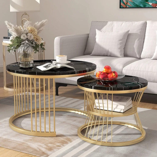 Schéma technique avec dimensions détaillées de l'ensemble de 2 tables basses gigognes rondes effet marbre noir et métal doré.