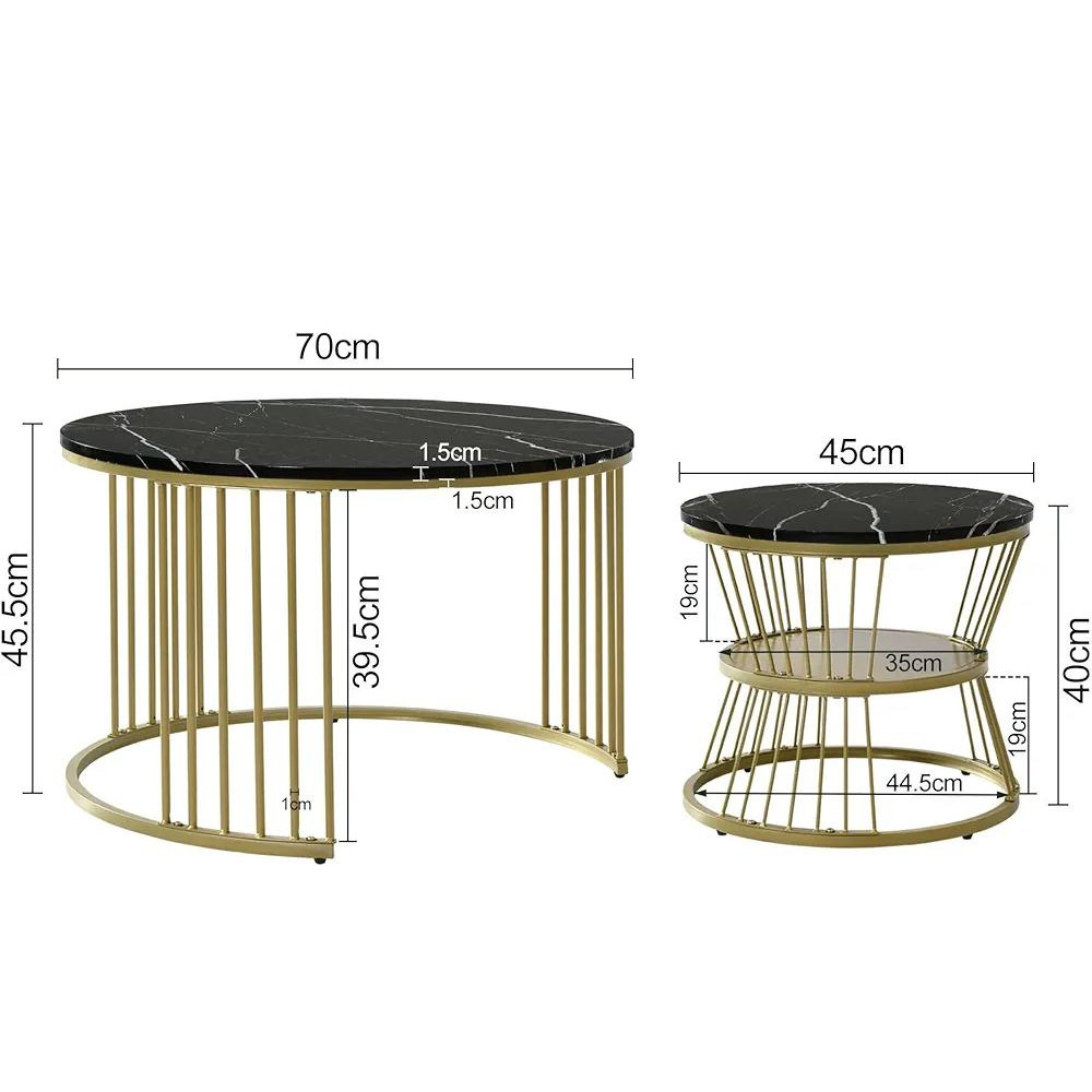 Ensemble de 2 tables basses gigognes rondes effet marbre noir et or 70x45 cm et 45x40 cm - Tables de salon avec rangement intégré Ensemble de 2 tables basses gigognes rondes effet marbre noir et or 70x45 cm et 45x40 cm - Tables de salon avec rangement intégré