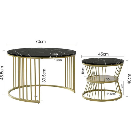 Schéma technique avec dimensions détaillées de l'ensemble de 2 tables basses gigognes rondes effet marbre noir et métal doré.