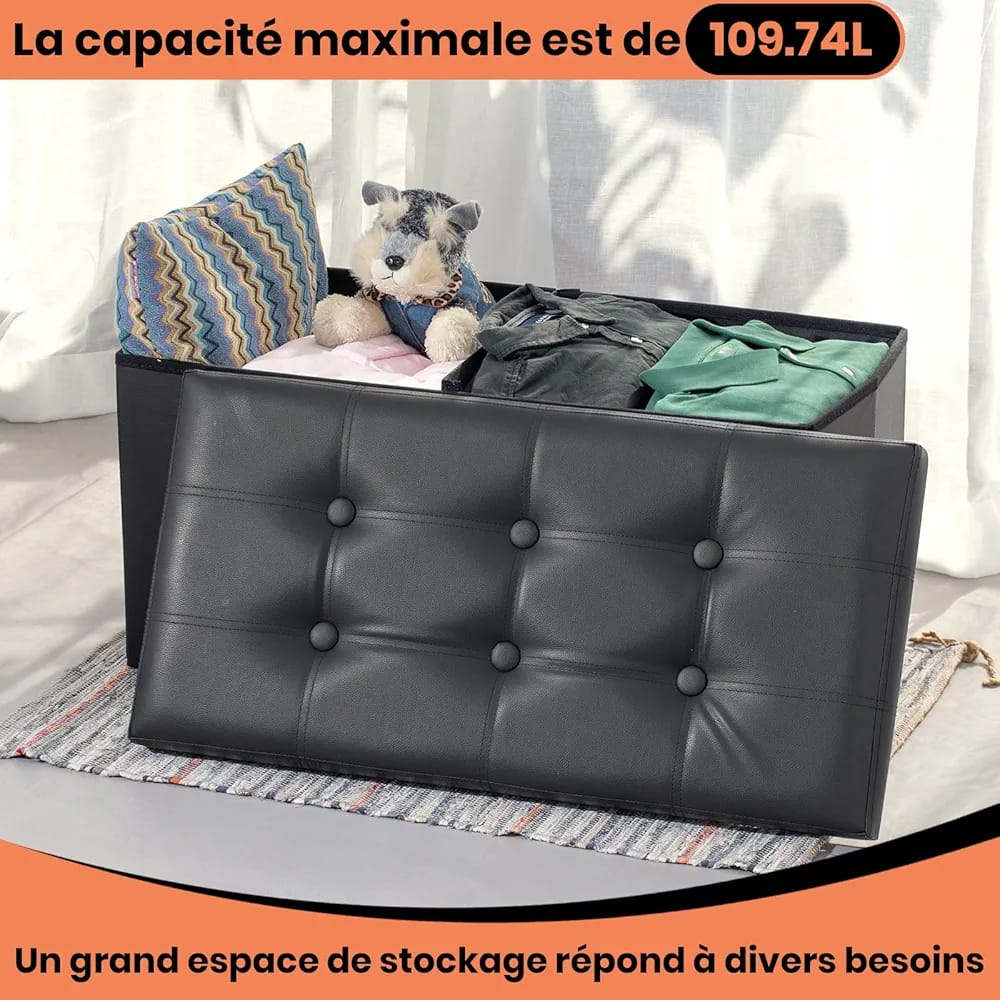 Pouf banc de rangement pliable en similicuir noir capitonné mesurant 76x38x38 centimètres.