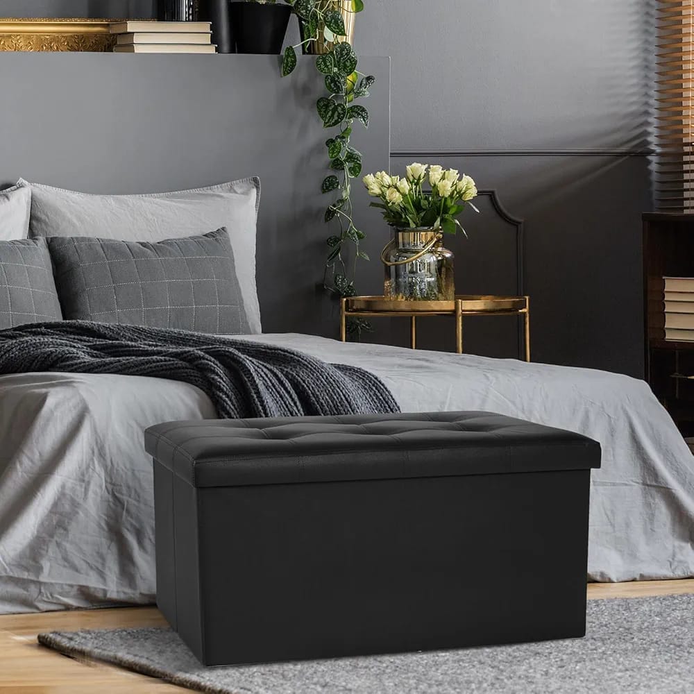 Pouf Banc de Rangement Pliable Faux Cuir Noir 76x38x38 cm – Coffre Repose-Pieds Matelassé