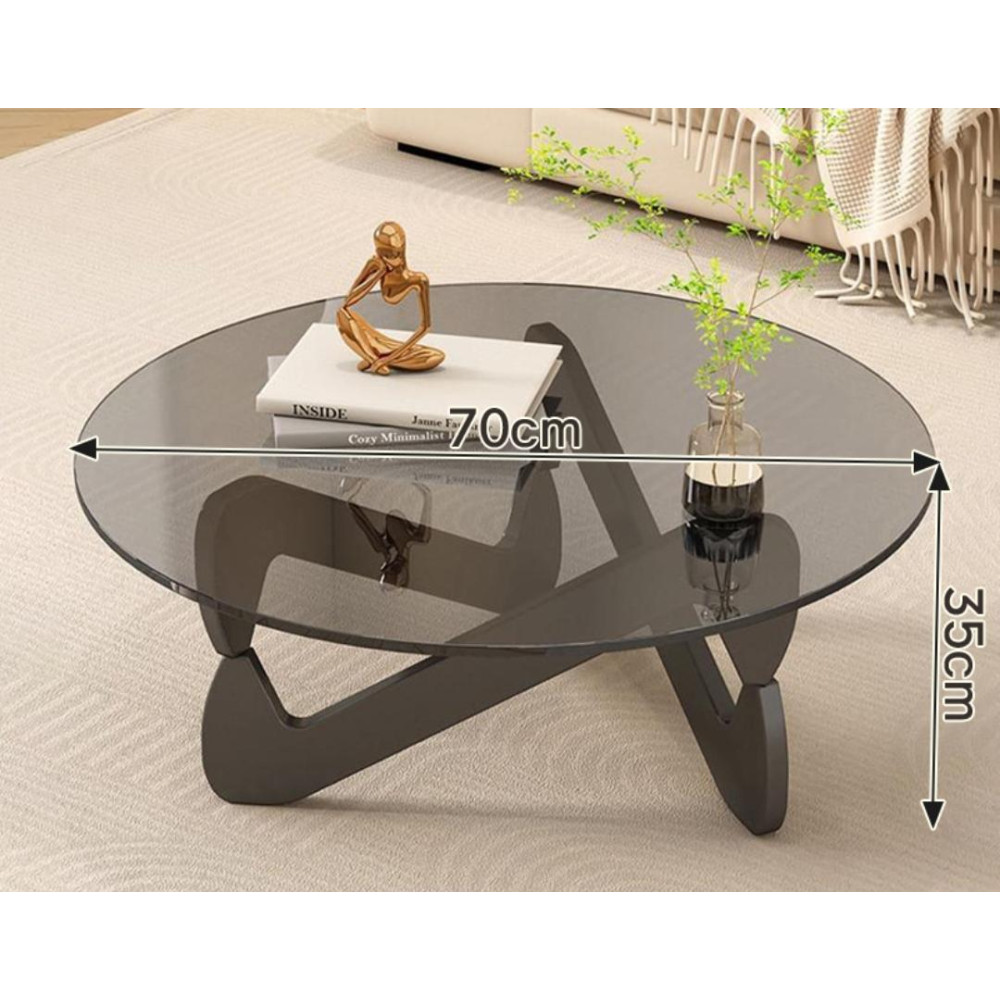 Table Basse Ronde Design Iconique – Plateau en Verre Trempé Fumé et Piètement Sculpté en Bois