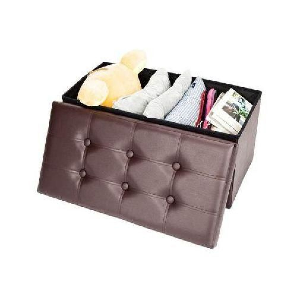 Pouf Banc de Rangement Pliable Tissu Marron Foncé 76x38x38 cm – Coffre à Surpiqûres Blanches Calipto