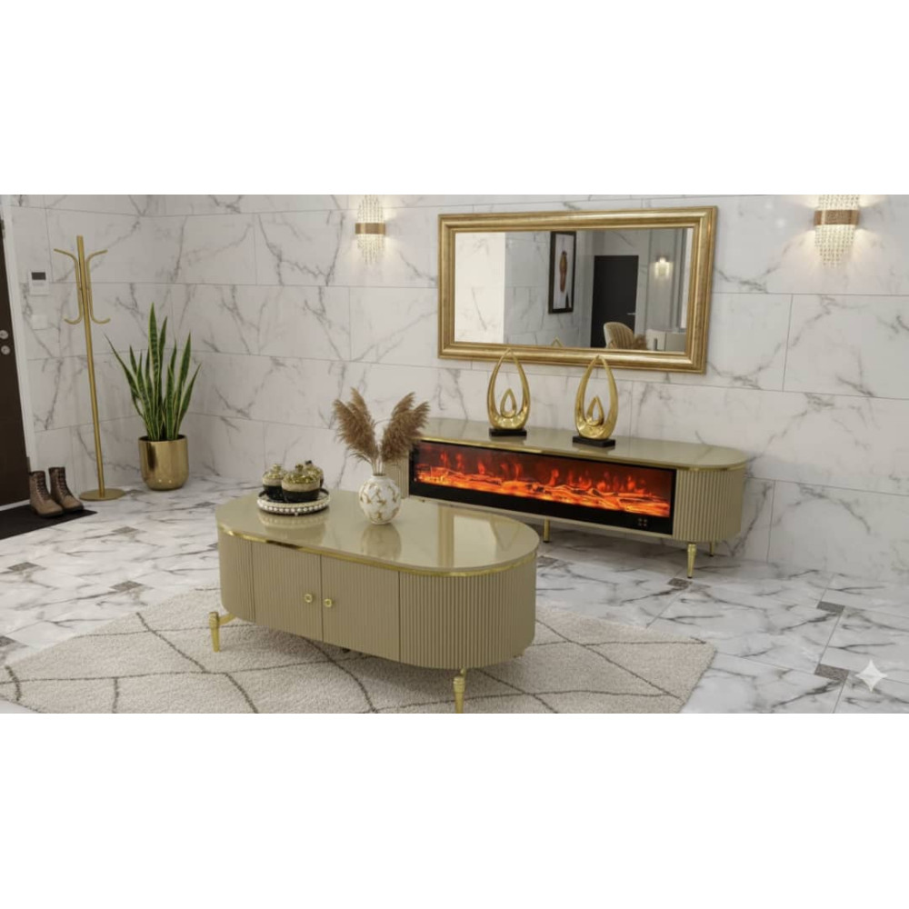 Ensemble meuble TV cheminée et table basse beige 200x45x60 cm