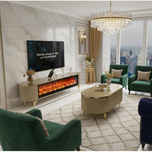 Ensemble meuble TV beige avec cheminée électrique intégrée et table basse ovale dorée