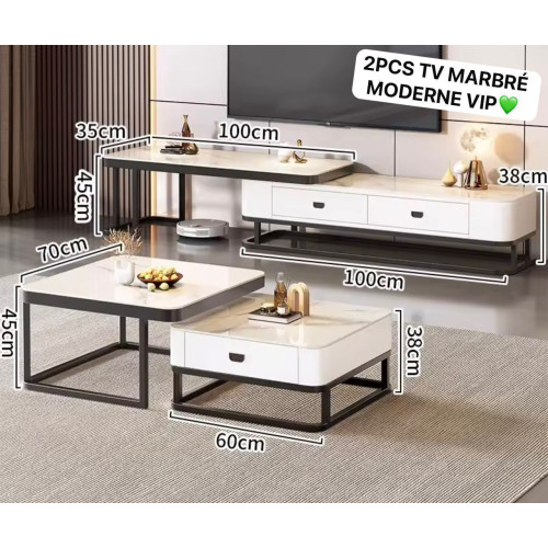 Ensemble de meubles de salon comprenant un long banc TV et une table basse double effet marbre blanc
