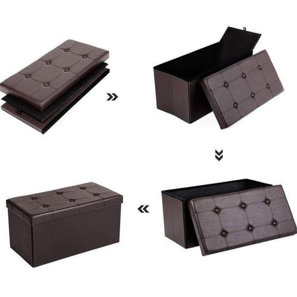 Pouf banc de rangement pliable en tissu marron foncé Calipto de dimensions 76x38x38 cm posé sur un tapis.