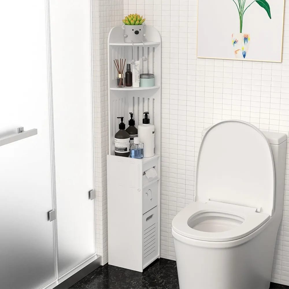 Meuble colonne de salle de bain blanc d'angle etroit avec etageres et tiroir amovible