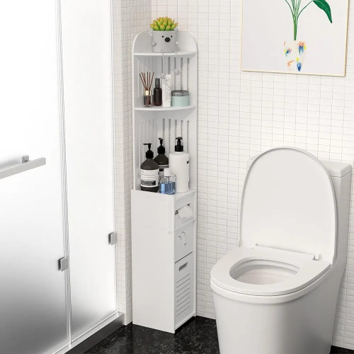 Meuble colonne salle de bain Mbectemi Market Meuble colonne de salle de bain blanc d'angle etroit avec etageres et tiroir amovible