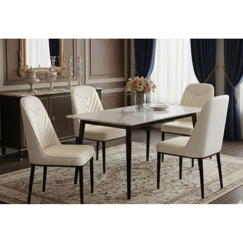 Ensemble Table a Manger en Marbre Blanc et 4 Chaises en Similicuir Beige 1m20x70x72 cm