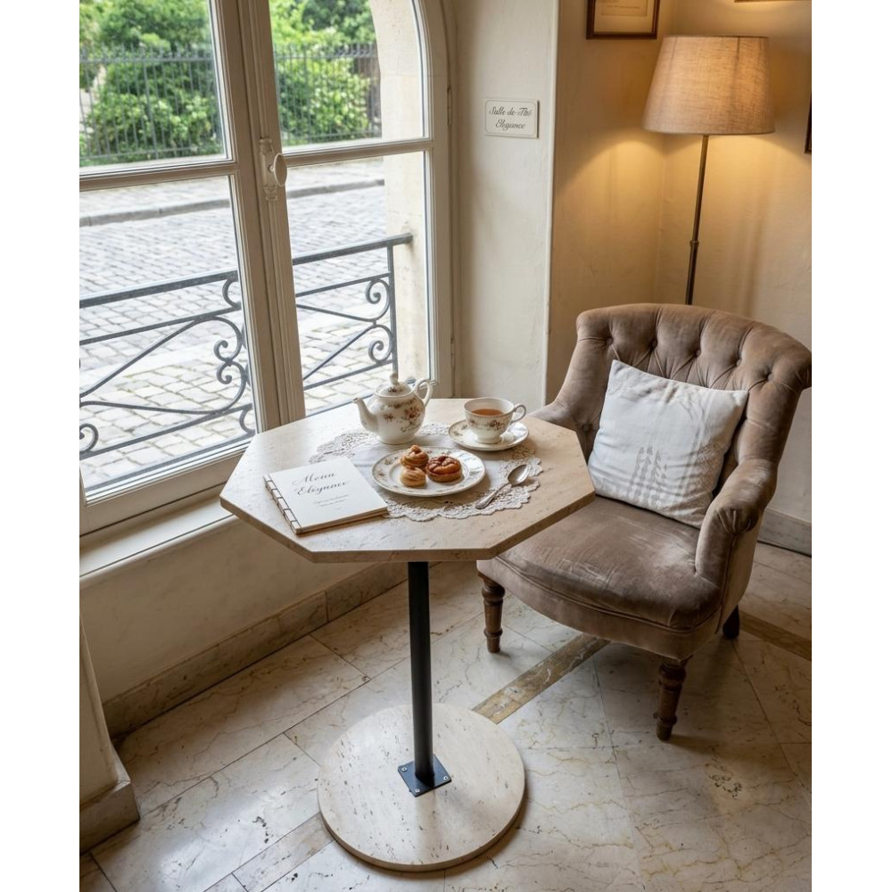 Table Guéridon Haute Octogonale Travertin 60x60x75 cm – Table d'Appoint Luxe et Pied Central Métal