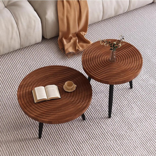 Set de deux tables basses gigognes rondes en bois sculpté de cernes d'arbre avec pieds noirs devant une entrée.