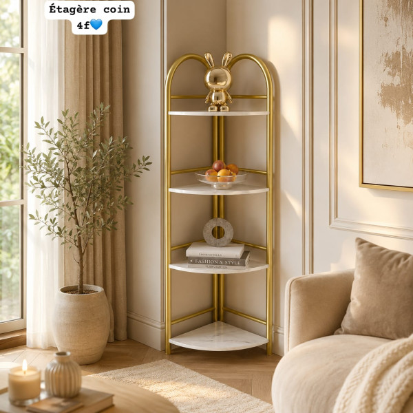 Étagère de coin d angle dorée et marbre blanc 4 niveaux 130cm x 34cm x 34cm