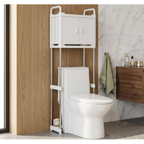 etagere-rangement-au-dessus-des-toilettes-blanc-chrome-50-cm Étagère de rangement blanche et chrome avec placard installée au-dessus des toilettes dans une salle de bain moderne.