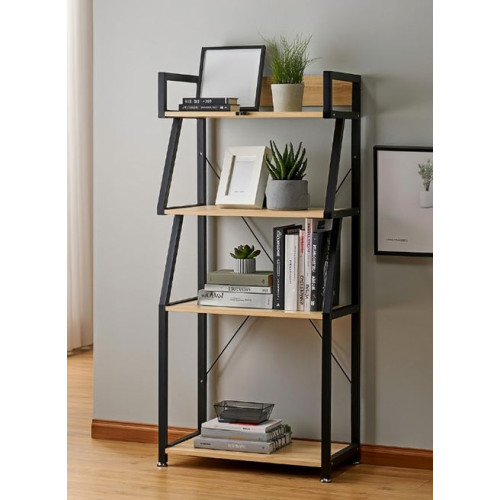 etagere-rangement-bois-metal-4-niveaux-60x35x126cm Étagère de rangement moderne à quatre niveaux en bois clair et métal noir affichant ses dimensions détaillées
