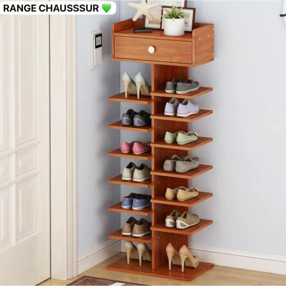 Étagère à Chaussures Verticale Multi-Niveaux avec Tiroir de Rangement – Design Bois