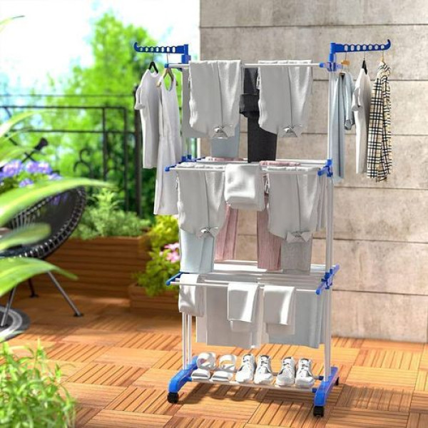 Étendoir à linge vertical pliable à roulettes 3 niveaux en acier inoxydable et bleu