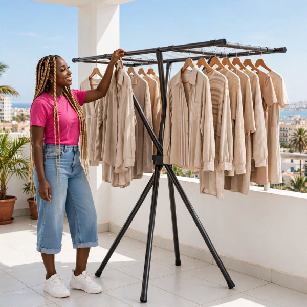 Séchoir à Linge Trépied Pliable et Rotatif en Métal - Pendoir Gain de Place