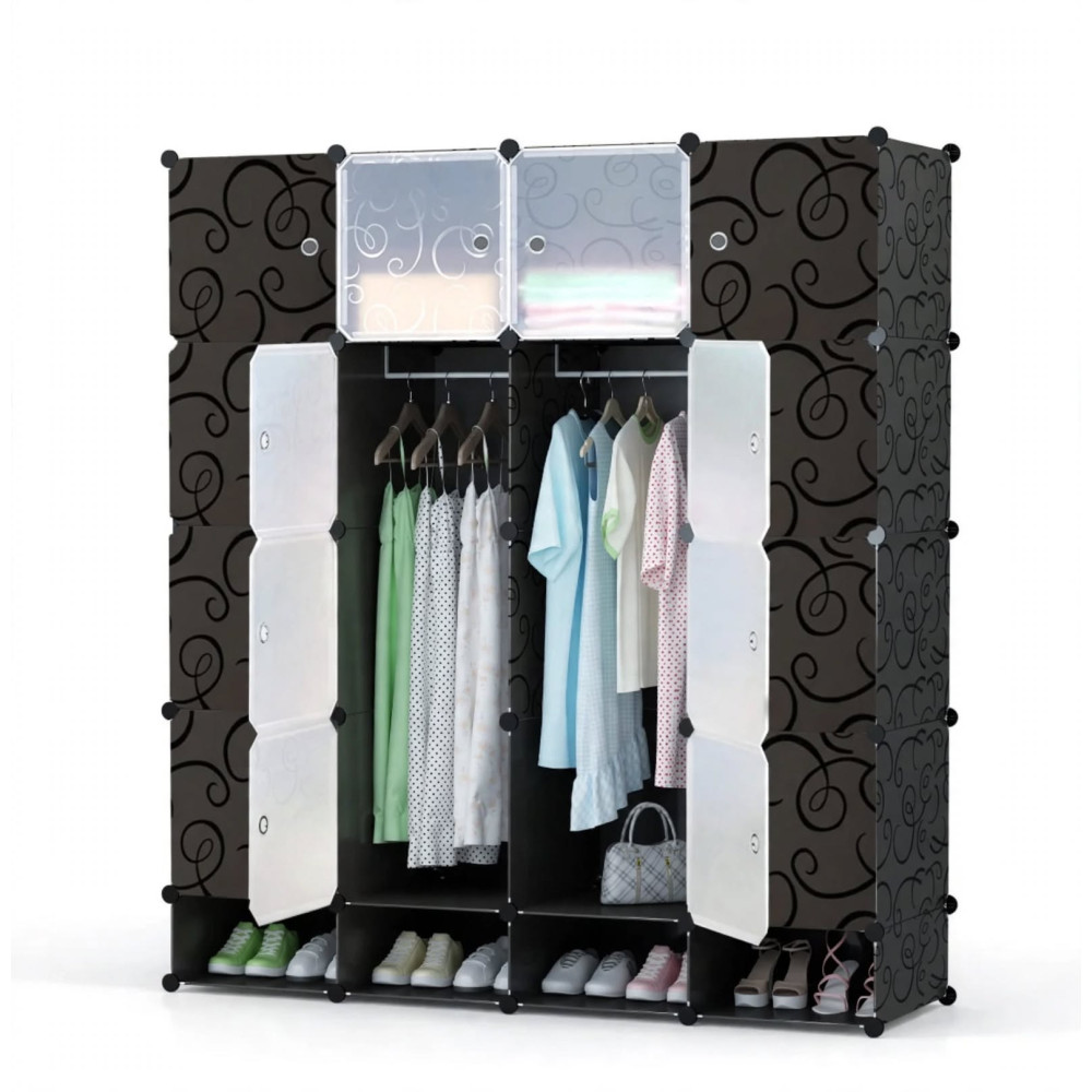 Armoire Penderie Modulaire en Plastique PP et Métal - 4 Battants avec Range-Chaussures Noir Arabesque