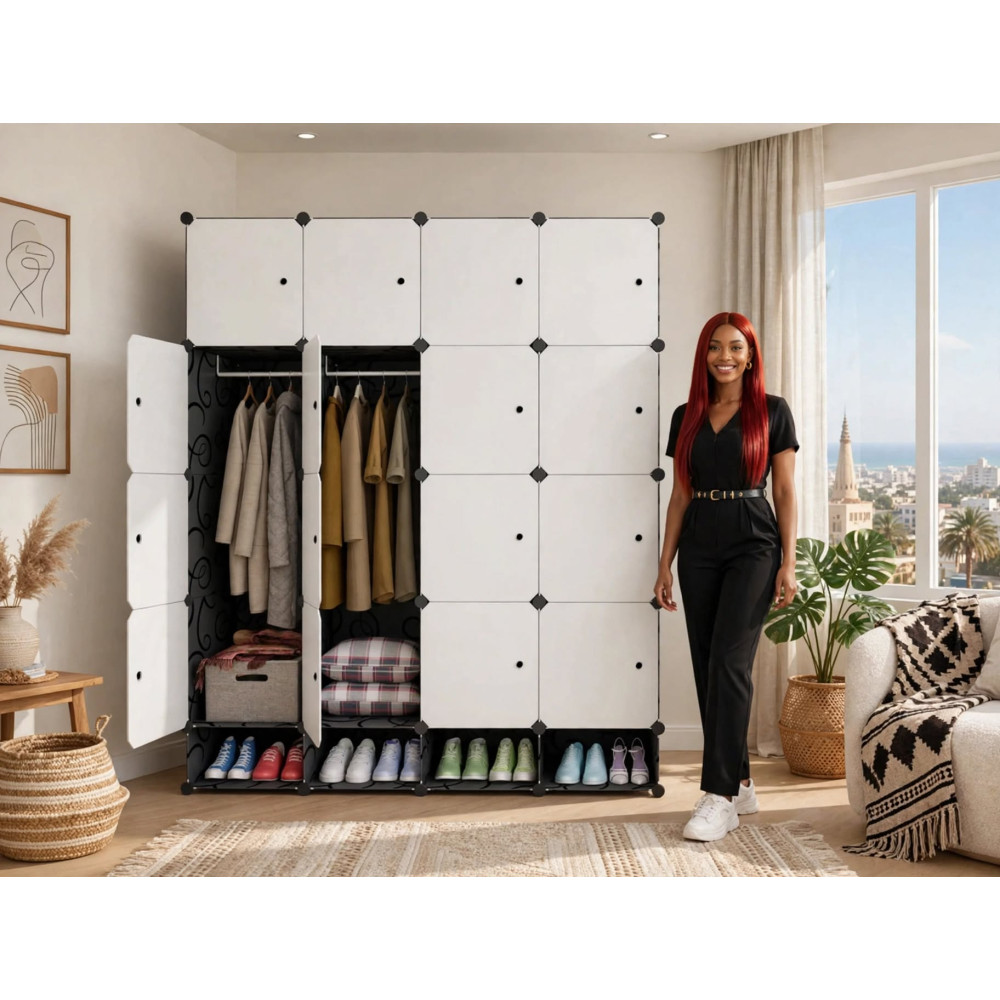 Armoire Penderie Modulaire en Plastique PP et Métal - 4 Battants avec Range-Chaussures et Cubes Blancs