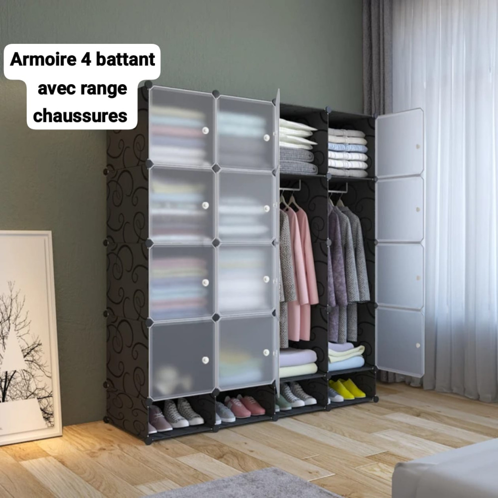 Grande armoire modulaire à 4 battants noire avec portes translucides ouvertes montrant des vêtements suspendus, du linge plié et des chaussures alignées tout en bas
