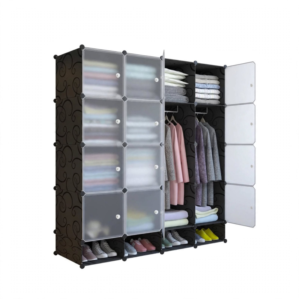 Armoire Penderie Modulaire en Plastique PP et Métal - 4 Battants avec Range-Chaussures et Portes Translucides