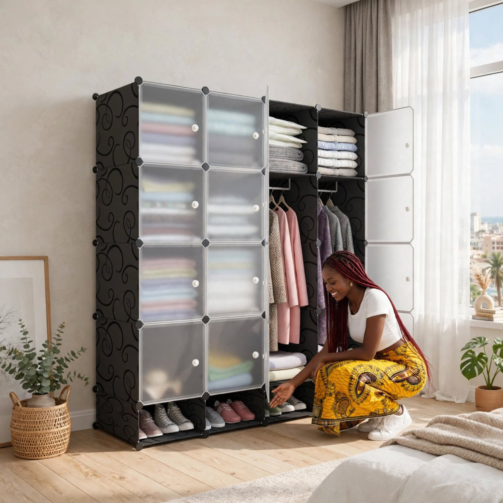 Armoire Penderie Modulaire en Plastique PP et Métal - 4 Battants avec Range-Chaussures et Portes Translucides Armoire Penderie Modulaire en Plastique PP et Métal - 4 Battants avec Range-Chaussures et Portes Translucides