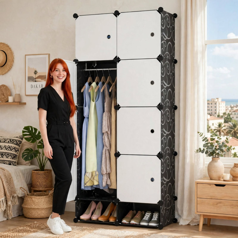 Armoire Penderie Modulaire en Plastique PP et Métal - 2 Battants avec Range-Chaussures Noir et Blanc