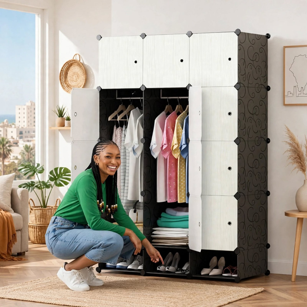 Armoire Penderie Modulaire en Plastique PP et Métal - 16 Cubes avec Range-Chaussures Armoire Penderie Modulaire en Plastique PP et Métal - 16 Cubes avec Range-Chaussures