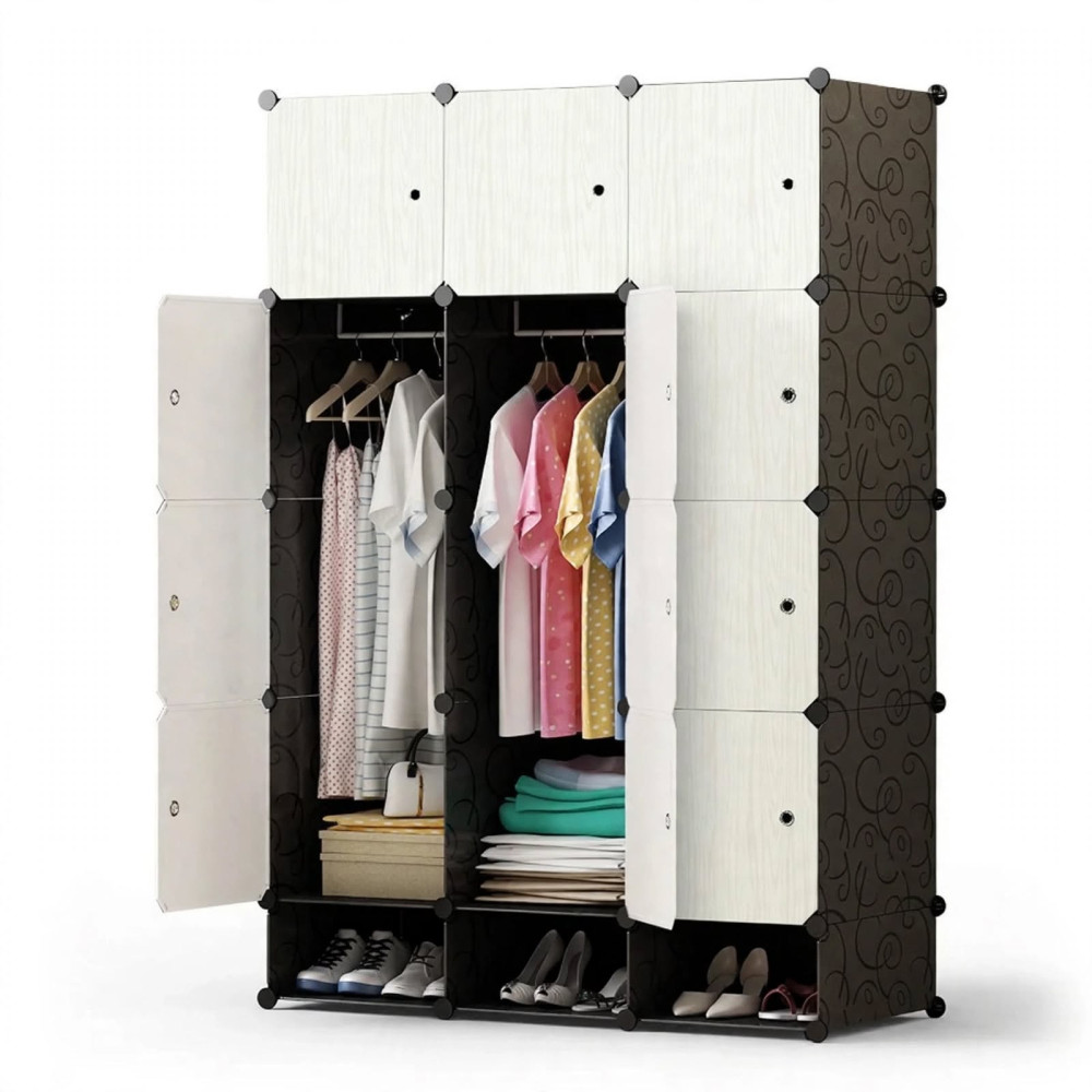 Armoire Penderie Modulaire en Plastique PP et Métal - 16 Cubes avec Range-Chaussures