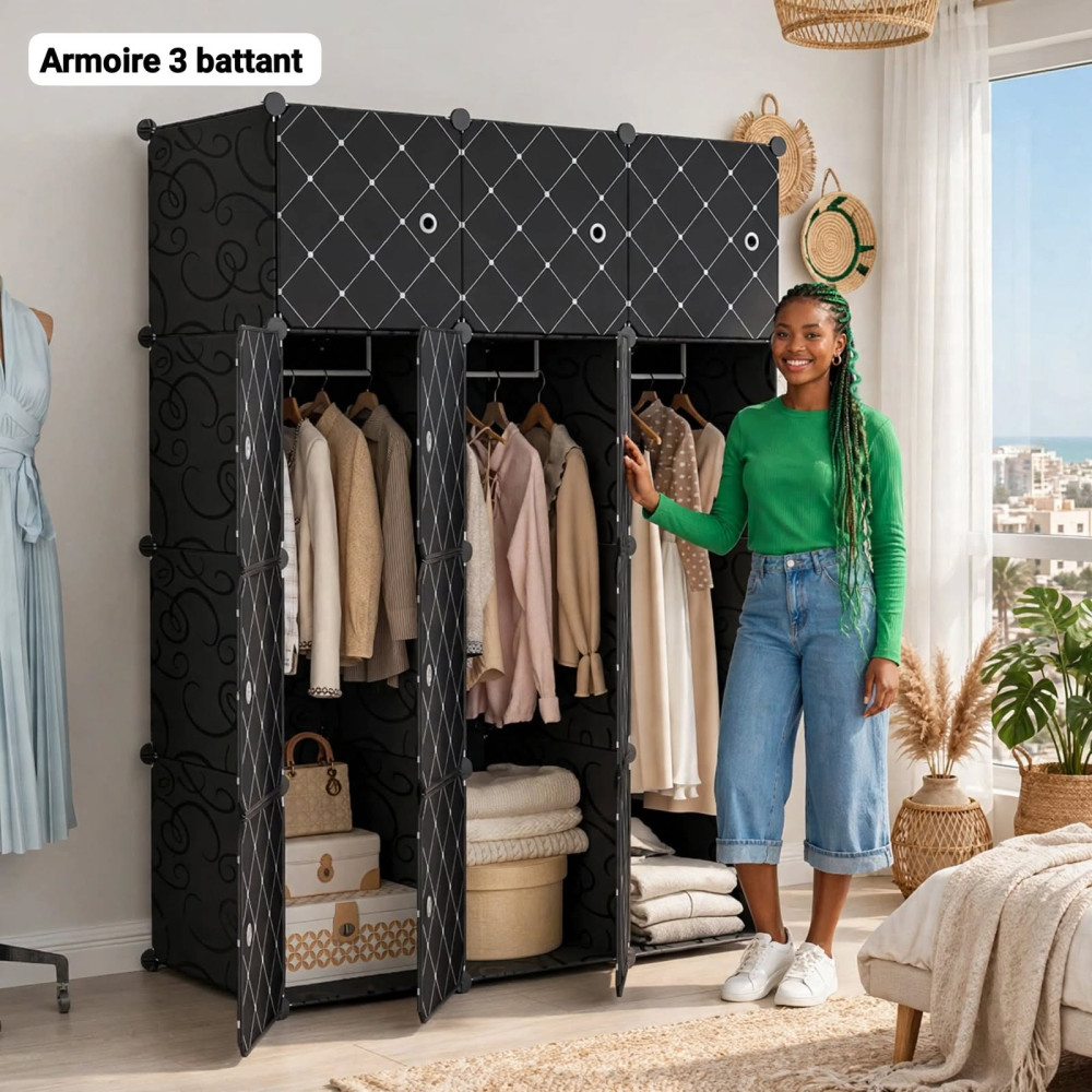 Armoire Penderie Modulaire en Plastique PP et Métal - 12 Cubes Noir Motif Losanges