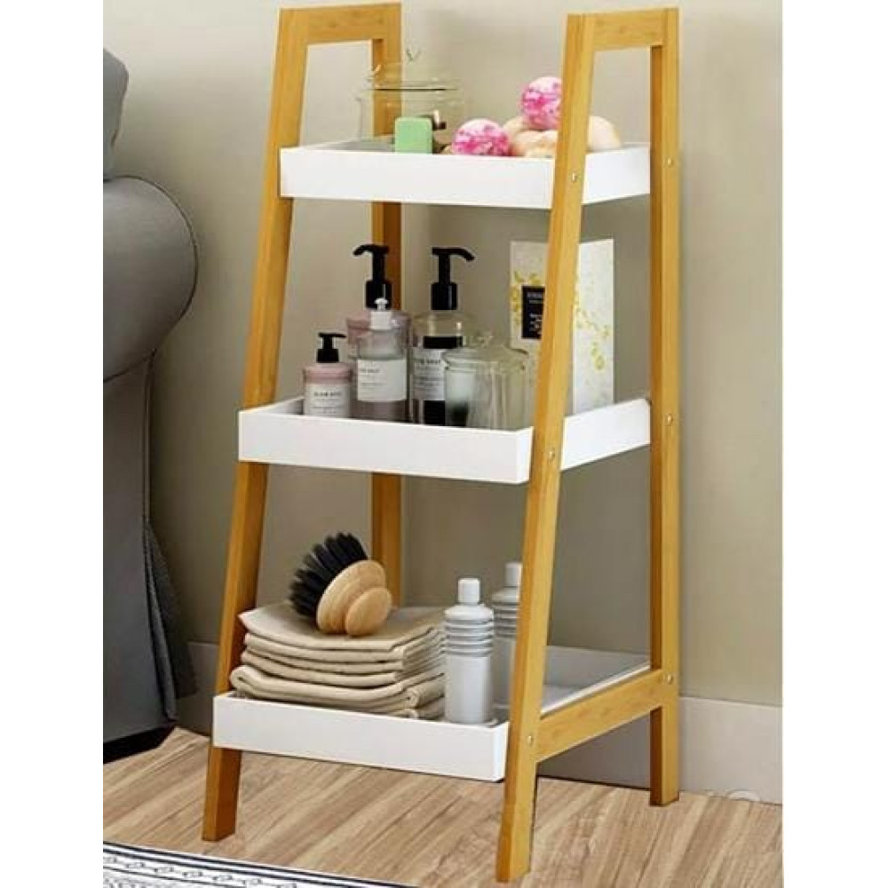 Étagère de rangement 3 niveaux bambou et blanc Étagère de rangement scandinave à 3 niveaux en bambou et plateaux blancs contenant des livres et une plante