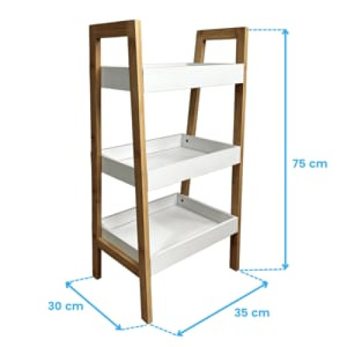 Étagère de rangement 3 niveaux bambou et blanc Étagère de rangement scandinave à 3 niveaux en bambou et plateaux blancs contenant des livres et une plante