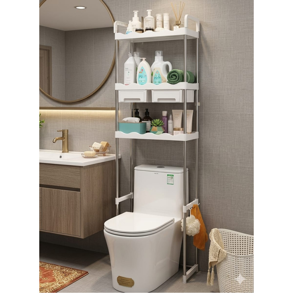 Étagère meuble de rangement dessus WC Étagère de rangement blanche à 3 niveaux installée au-dessus d'un WC avec des produits de bain et des tiroirs