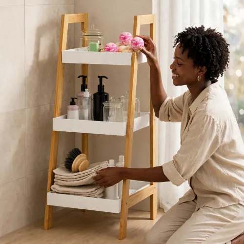 Étagère de rangement 3 niveaux bambou et blanc Étagère de rangement scandinave à 3 niveaux en bambou et plateaux blancs contenant des livres et une plante