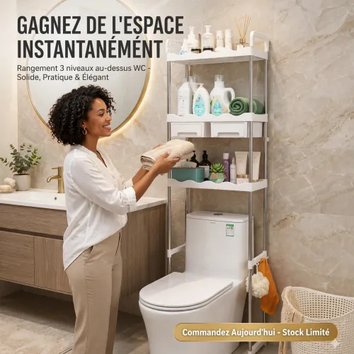 Étagère meuble de rangement dessus WC Étagère de rangement blanche à 3 niveaux installée au-dessus d'un WC avec des produits de bain et des tiroirs