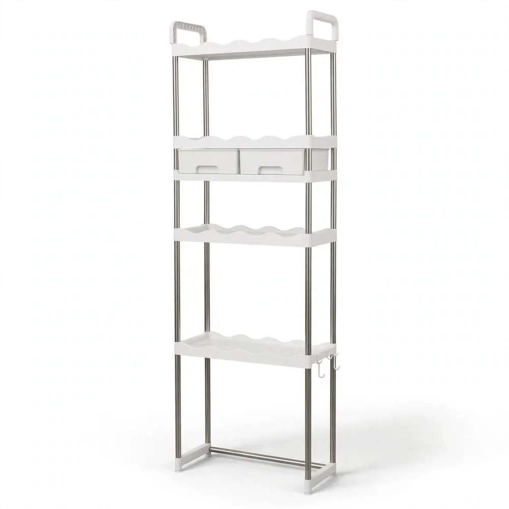 Étagère meuble de rangement dessus WC Étagère de rangement blanche à 3 niveaux installée au-dessus d'un WC avec des produits de bain et des tiroirs