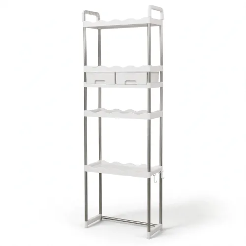 Étagère meuble de rangement dessus WC Étagère de rangement blanche à 3 niveaux installée au-dessus d'un WC avec des produits de bain et des tiroirs