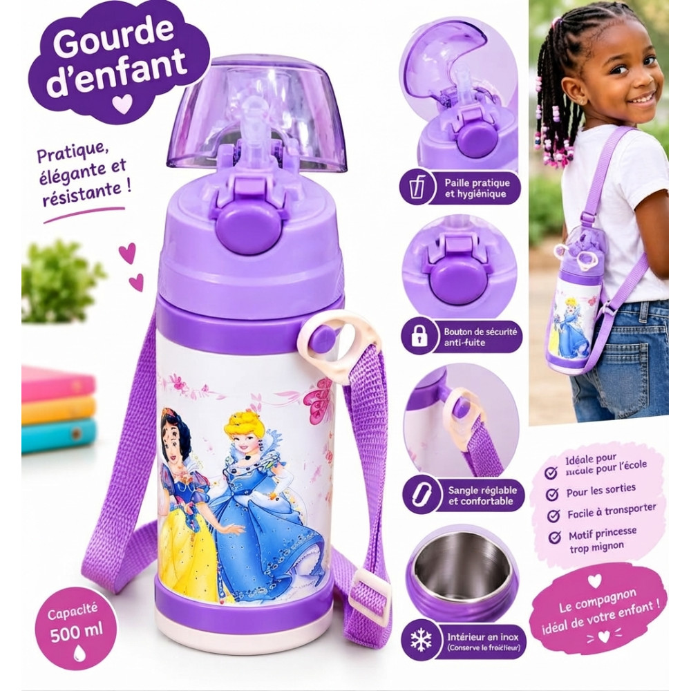 Gourde d'Enfant en Inox Motif Princesses Disney - Violette (500 ml)