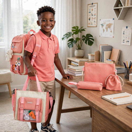 Ensemble sac à dos scolaire 5-en-1 rose saumon eune garçon souriant portant un sac à dos et un sac à main rose saumon de l'ensemble 5-en-1 posé sur un bureau en bois