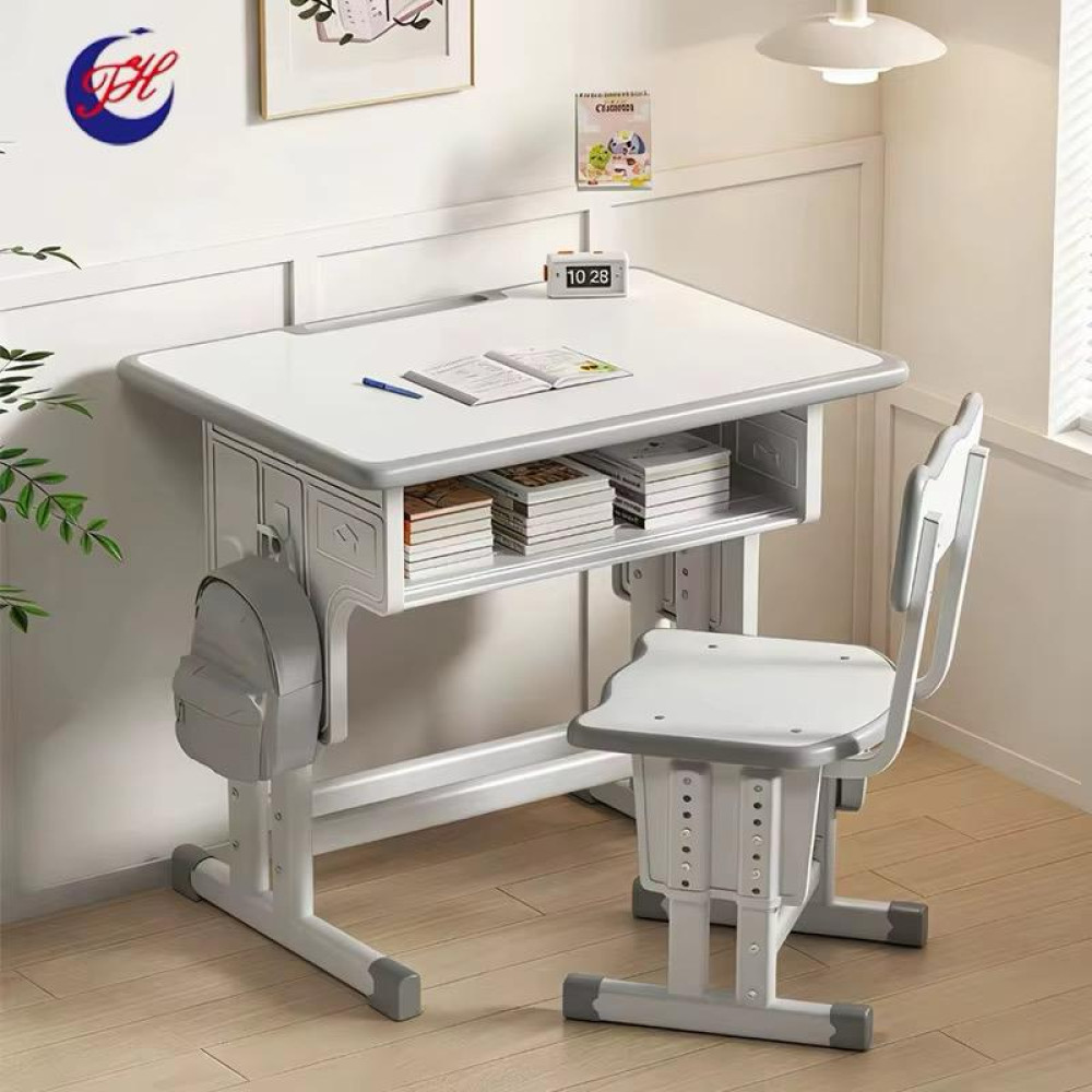 Lot Bureau d'Étude Ergonomique et Chaise Réglable pour Enfant - Blanc et Gris