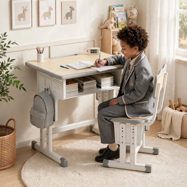 Ensemble Table d'Étude Ergonomique et Chaise Réglable pour Enfant - Couleur Bois et Gris (60cm x 40cm)