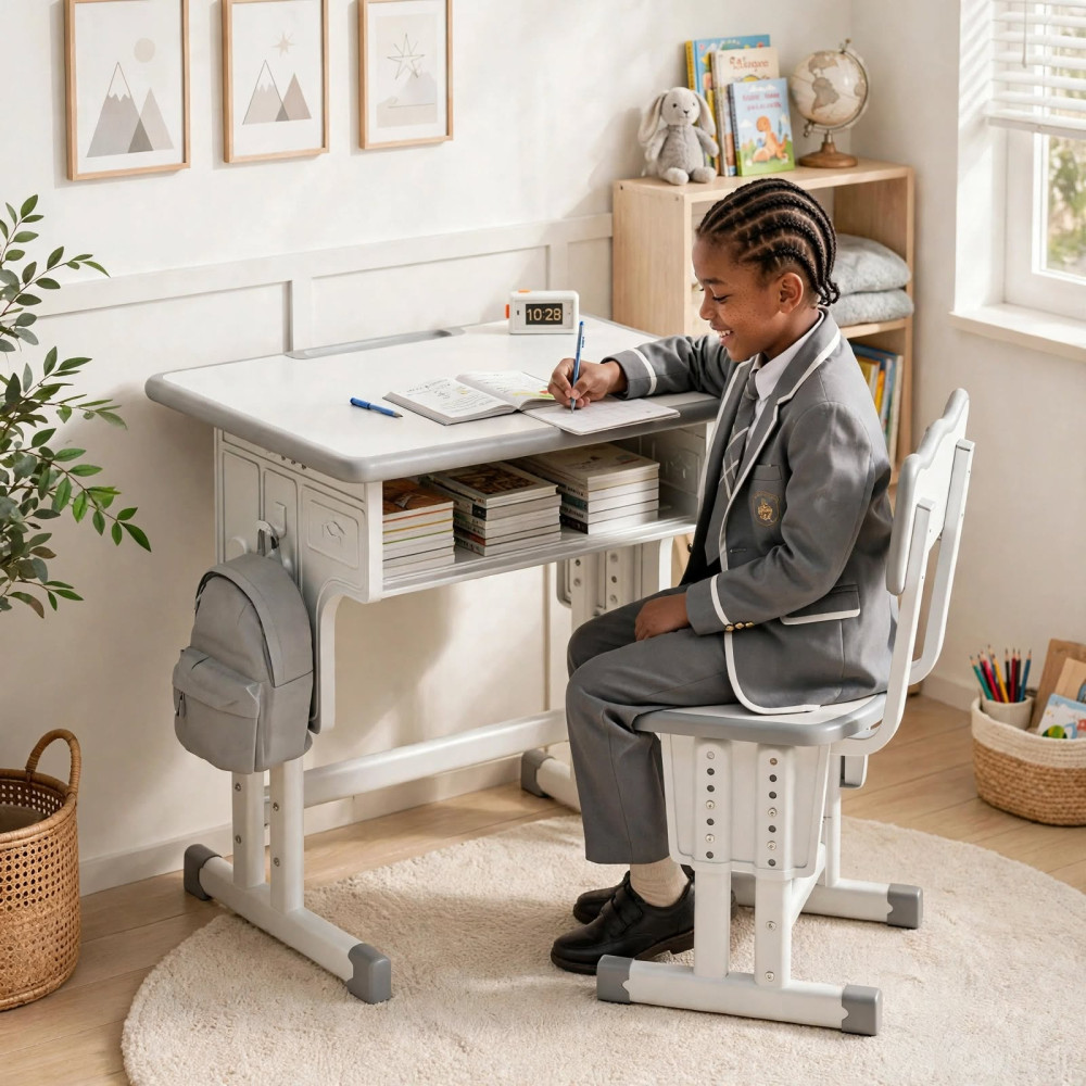 Lot Bureau d'Étude Ergonomique et Chaise Réglable pour Enfant - Blanc et Gris