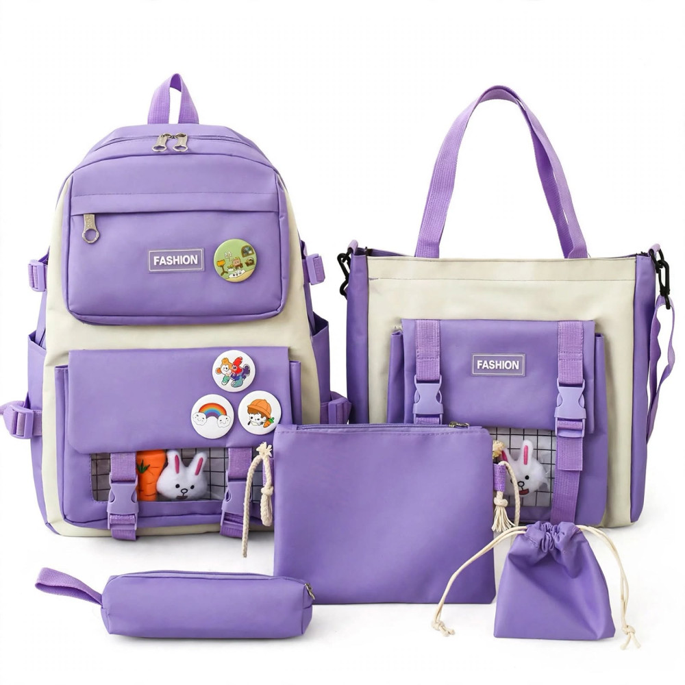 Ensemble de Sacs Scolaires 5-en-1 - Violet et Blanc