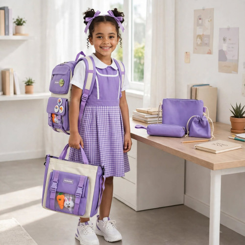 Ensemble sac à dos scolaire 5-en-1 violet Ensemble de 5 sacs et pochettes de couleur violet et blanc comprenant un sac à dos, un grand sac à main, une trousse et des pochettes de rangement