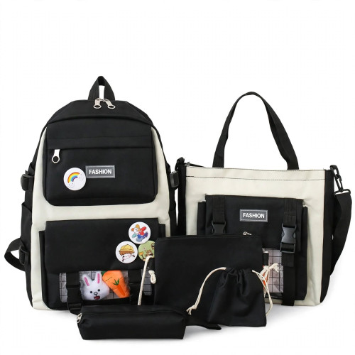Ensemble sac à dos scolaire 5-en-1 noir et blanc Ensemble de 5 sacs et pochettes de couleur noir et blanc comprenant un sac à dos, un sac à bandoulière, une trousse et des pochettes