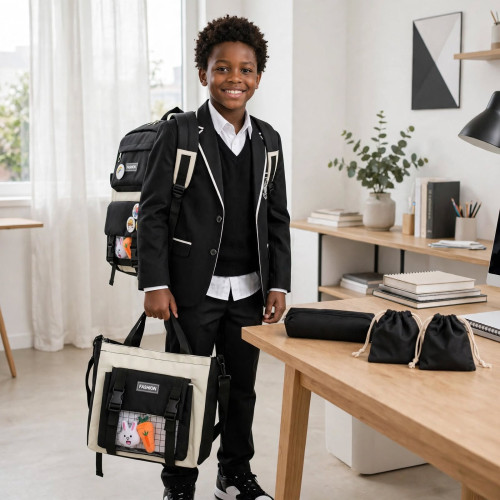 Ensemble sac à dos scolaire 5-en-1 noir et blanc Ensemble de 5 sacs et pochettes de couleur noir et blanc comprenant un sac à dos, un sac à bandoulière, une trousse et des pochettes