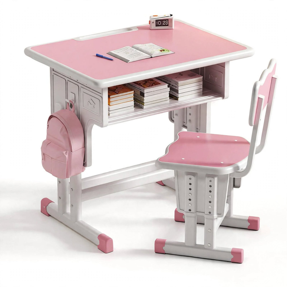  Ensemble Table d'Étude Ergonomique et Chaise Réglable pour Enfant - Rose (70cm x 50cm)