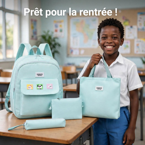Ensemble sac à dos scolaire 4 pièces vert menthe ZEENTE Ensemble de 4 sacs vert menthe ZEENTE sur fond blanc comprenant sac à dos avec badges, sac à main et trousses