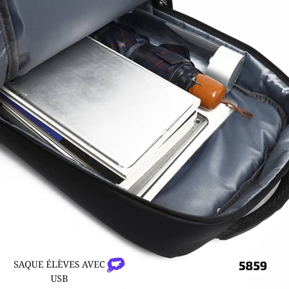 Sac à dos professionnel noir pour ordinateur portable avec lignes géométriques et port de charge USB sur le côté